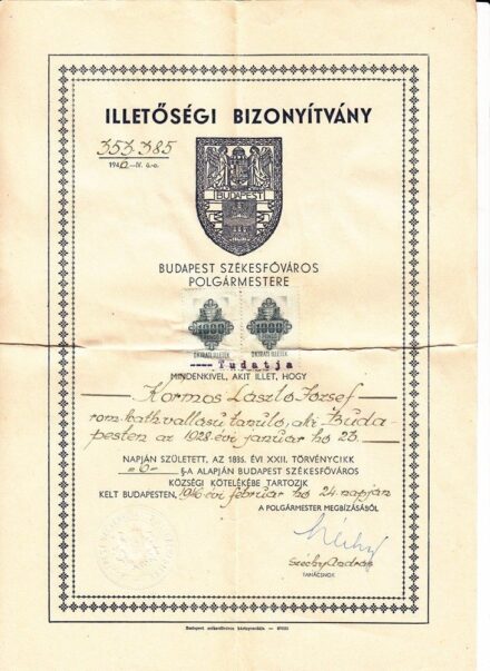 51-92 1946 Illetőségi Biztonyitvány Budapest Székesfőváros polgármesterétől, 7 db okmánybélyeggel