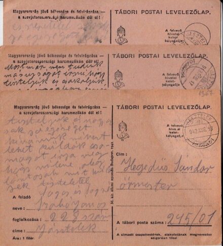 51-1367 1942 3db Ellenörzőtt Tábori postai levelezőlap