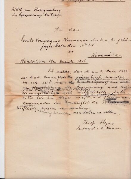 51-1328 1916 Ellátmány kérése a 28. Határvadász század részére Kevevára (Szerbia)