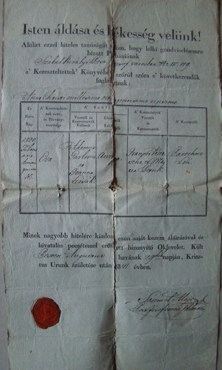 51-1313 1841 Keresztelési anyakönyvi kivonat a Pestjózsefvárosi (mai Józsefváros) plébánia anyakönyveiből, latin és magyar nyelven, rányomott viaszpecséttel