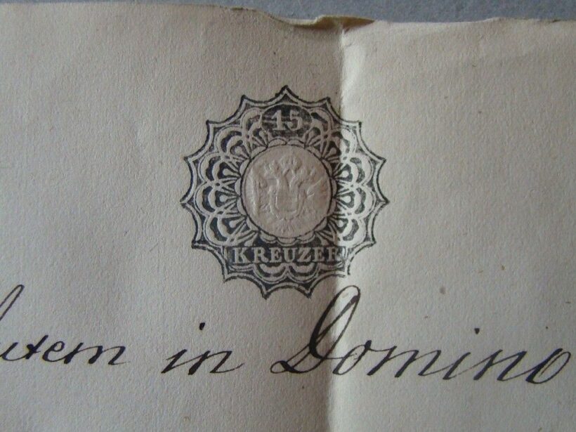 51-1318 1857 Keresztelési anyakönyvi kivonat, 15kr (V. Stempel) szignettával a Pestjózsefvárosi (mai Józsefváros) plébánia anyakönyveiből, latin nyelven, rányomott viaszpecséttel - Image 2