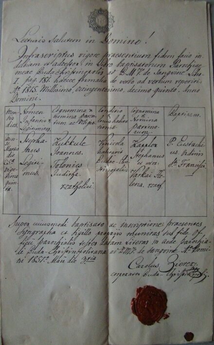 51-1318 1857 Keresztelési anyakönyvi kivonat, 15kr (V. Stempel) szignettával a Pestjózsefvárosi (mai Józsefváros) plébánia anyakönyveiből, latin nyelven, rányomott viaszpecséttel