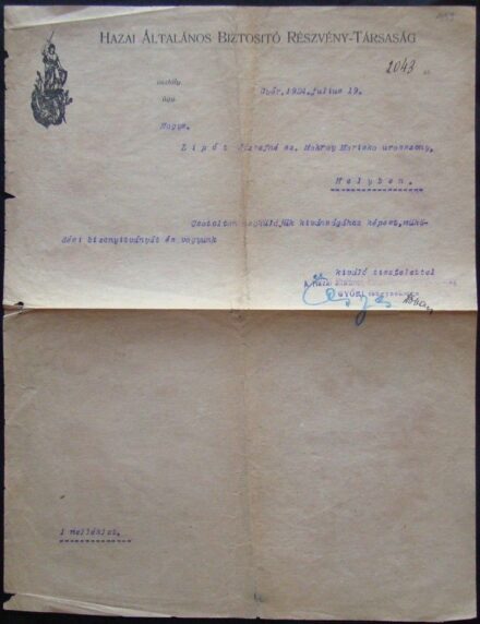 51-999 1924. Hazai Általános Biztositó Rt. levélpapírja