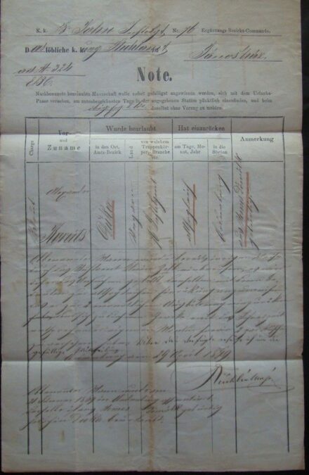 51-904 1869. Katonai szabadságról visszahívó levél Kovács Sándor katonáról a Jánosházi főszolgabírói hivatalhoz címezve