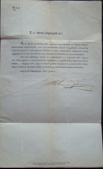 51-905 1872. Levél Hódmezővásárhely polgármesterétől Aradra Pokomándy István polgármester aláírásával