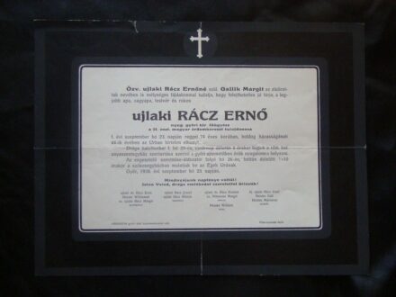 51-913 1938 Gyászjelentés ujlaki Rácz Ernő (1864-1938) győri kir. főügyész haláláról