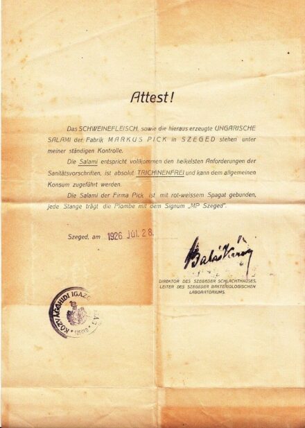 51-629 1926. Igazolás a szegedi PICK szalámigyártól a hús minőségéről.