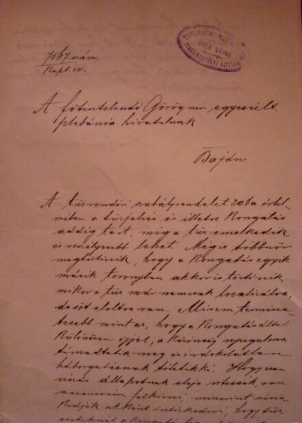 51-976 1891 Levél a Bajai rendőrfőkapitányság hívatalától, a főkapitány aláírásával