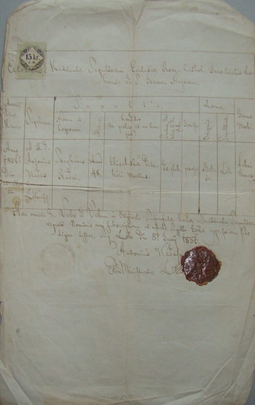 52-1561 1856 Halotti anyakönyvi kívonat, 15 kr bélyeggel, viaszpecséttel