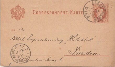 52-408 1882 Díjjegyes levelezőlap "WIEN" - Dresdai érkeztető pecséttel