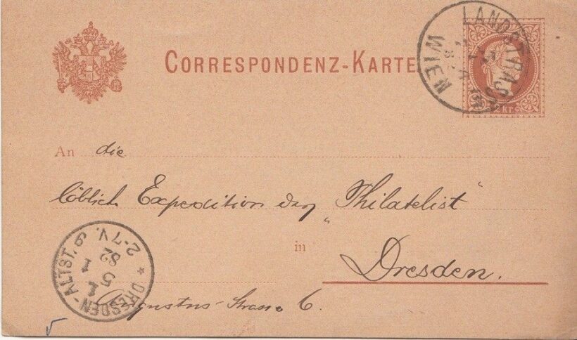 52-408 1882 Díjjegyes levelezőlap "WIEN" - Dresdai érkeztető pecséttel