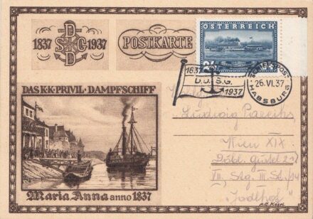 52-593 1937. Levelezőlap jubileumi hajópostai bélyegzővel /Schiffpost Habsburg/