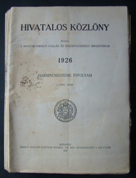 52-1628 1926 Hivatalos Közlöny a Magyar Kir. Vallás - és Közoktatási Minisztérium lapja / Teljes év