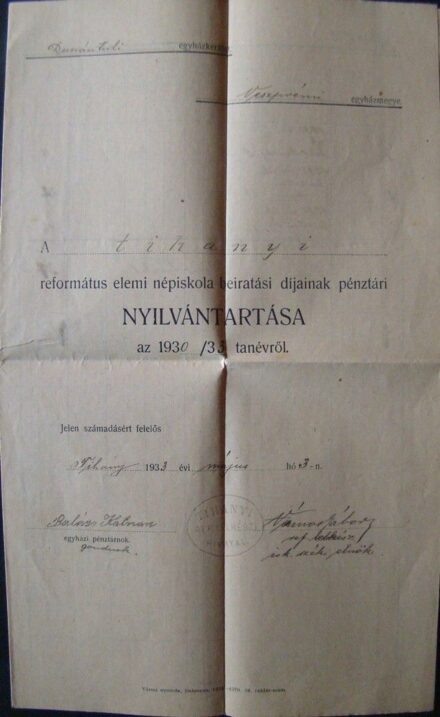 52-577 Tihanyi református elemi népiskola beiratási díjának pénztári nyílvántartása az 1930/33 tanévről