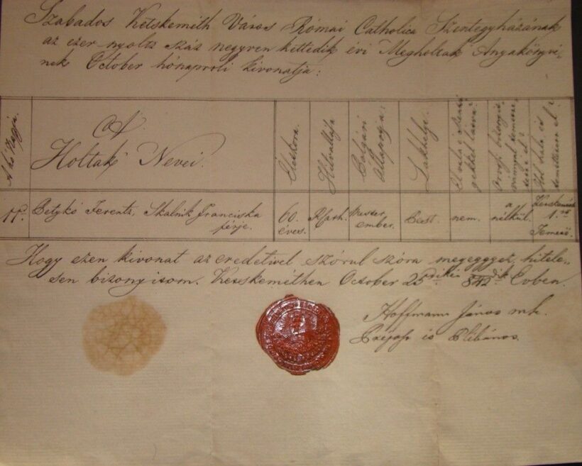 52-1645 1842 Halotti anyakönyvi kívonat, szép viaszpecséttel, Kecskemét