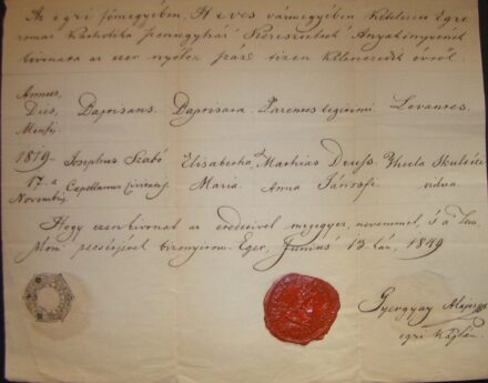52-1647 1849 Kersztelési anyakönyvi kívonat, szép viaszpecséttel, 6 kr vignyettás papíron, Eger