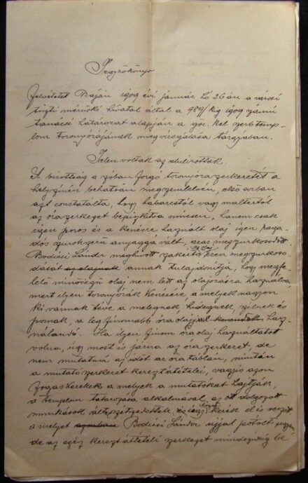 53-784 1909 Jegyzőkönyv a Bajai városi közgyülésről a helyi Görög Kath. templom toronyórájának megjavitásáról. Hegedüs András polgármesterének aláirásával