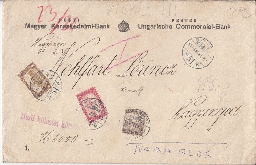 53-694 1917 Pesti Magyar Kereskedelmi Bank levélborítékja portósan feladva