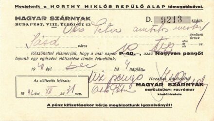 53-1229 1942 "Magyar Szárnyak" replős újság előfizetési nyugtája /Horthy Mikls Replő Alap