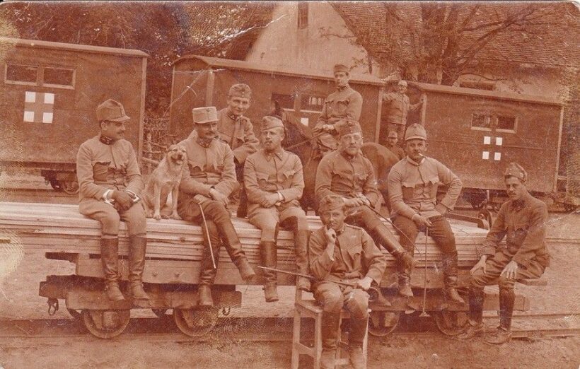 53-1091 1916 Pihenő tisztek csoportja korházi vagonok előtt 15x10cm