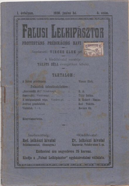 53-1462 1930 Falusi Lelkipásztor / Protestáns prédikációs havi folyóirat I. évfolyam 6 szám.