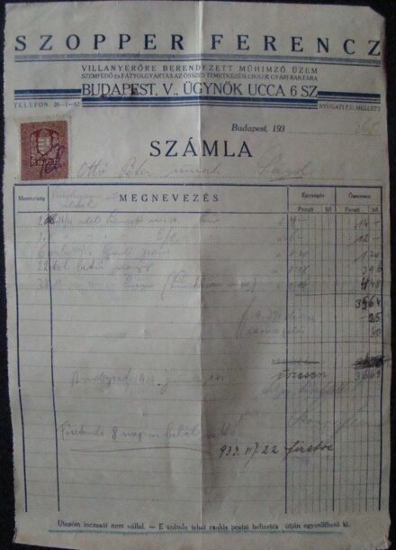 53-1024 Szopper Ferenc "Villanyerőre Berendezett Műhimző Üzem" Budapest fejléces számlája