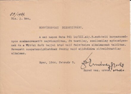 54-1605 1944 Honvédorvosi igazolás Vitézi Szék felvétele végett