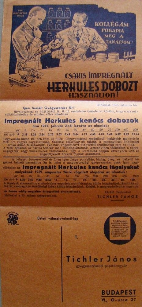 54-1582 cca 1930 "Kigyó"Gyógyszertár Zombor, Tichler János reklámcédulája
