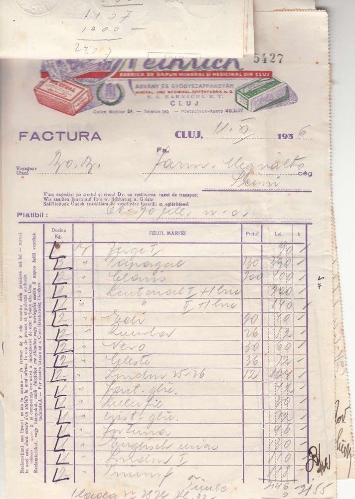 54-1584 1937 3 db Váltó a "Megváltó" gyógyszertár pecsétjével, 2 db számla a kolozsvári "Henrich" ásvány és gyógyszer szappangyár fejlécével - Image 2