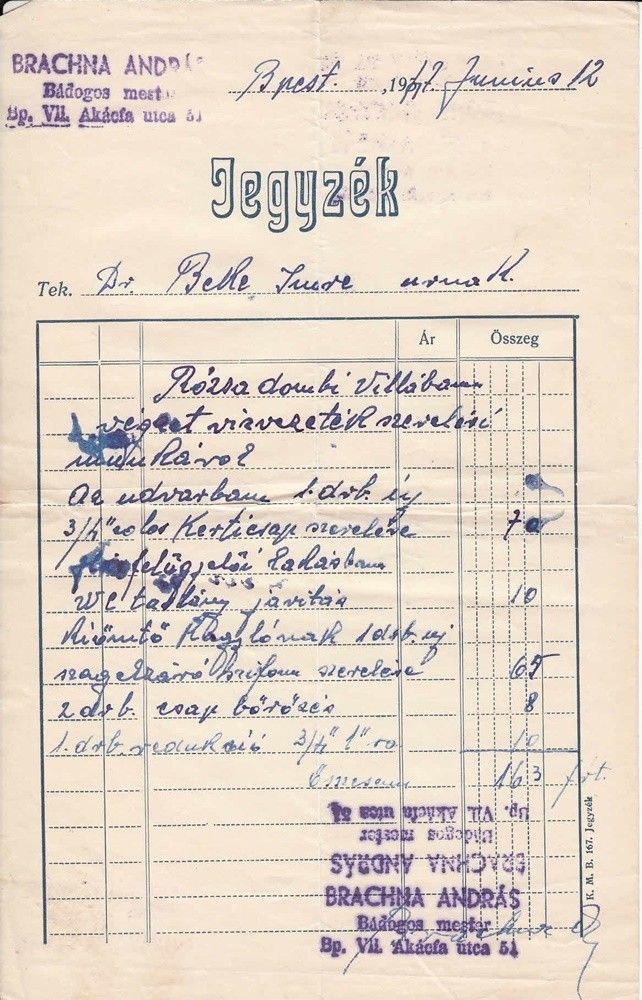 54-1581 1947 Jegyzék Budapest Rózsa-dombi villa vizvezetékszereléséről