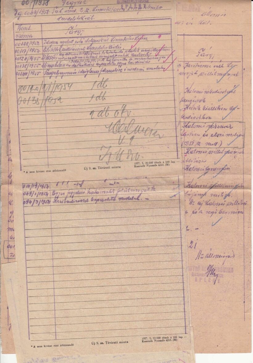 54-1289 1958-59 Titkos jegyzékek kimútatása az Eplényi állomásfőnőkség részére. / 5db