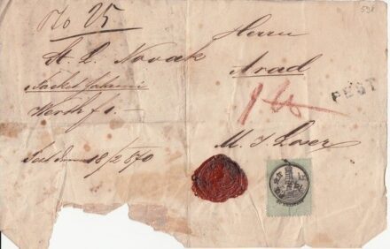 54-591 1870. 5 kr. bélyeggel és szép viaszpecséttel ellátott csomagkísérő Pestről Aradra