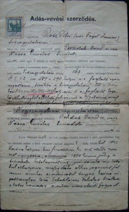 54-526 1917 Adásvételi szerződés 1kr okmánybályeggel