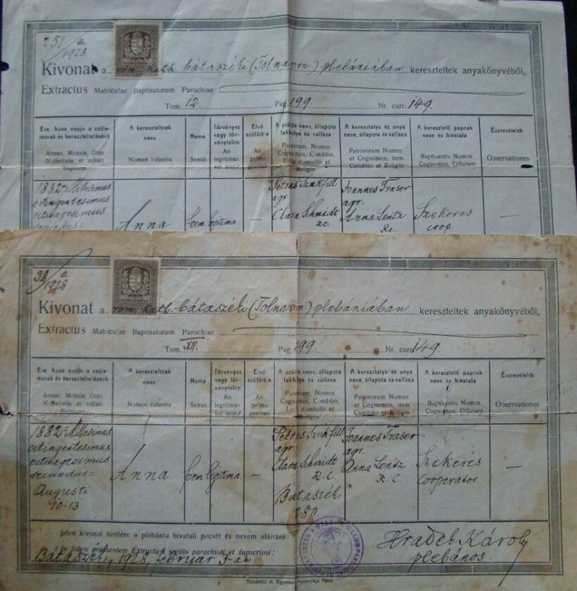 54-578 1928. 2 db Keresztelési anyakönyvi kivonat / Bátaszék