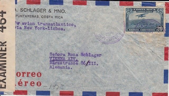 54-962 1940 Cenzúrált levélboríték "Costa Rica- Wien"