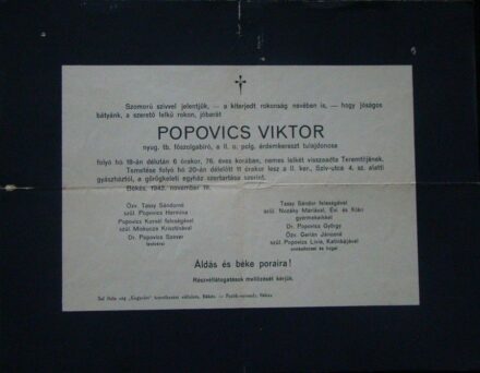 54-1111 1942. Gyászjelentés " Popovics Viktor főszolgabíró"