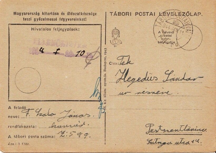 54-987 1944. Tábori Postai Levelezőlap. (ellenörzőtt )