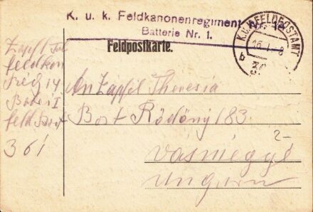 54-1232 1916 K.u.K Feldkanonenregiment Batteria Nr.1 tőábori leveéezőlap