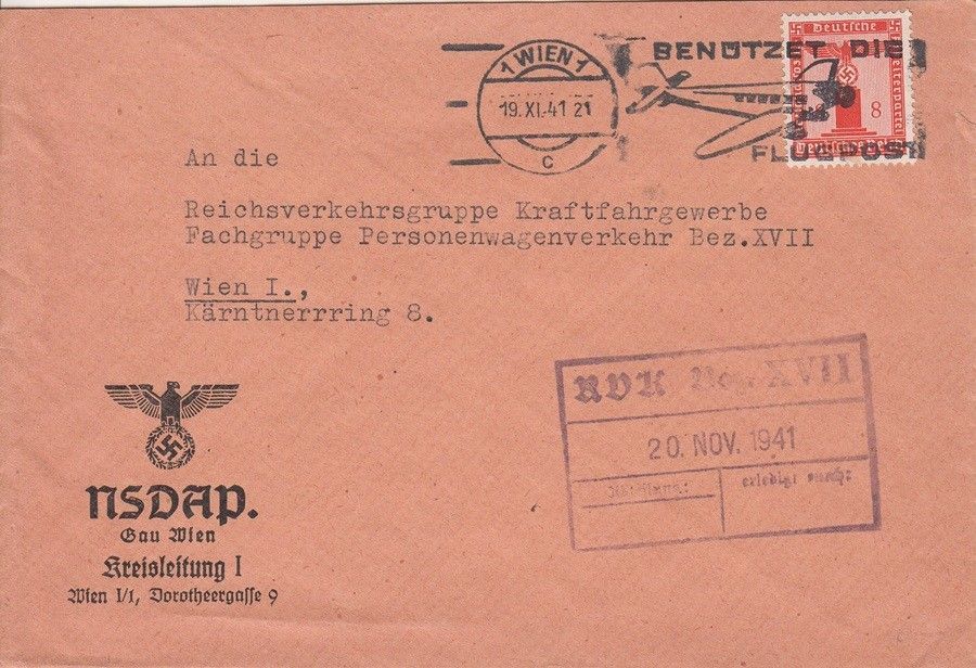 54-1133 1941 A Bécsi "NSDAP" (Náci párt) kerületi vezetés levélborítékja, iktatópecséttel ellátva