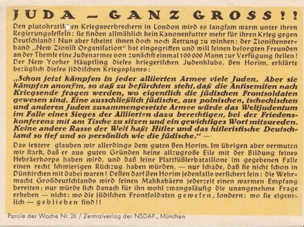 54-1237 cca 1940 Az NSDPA által kiadott kártya alakú 26. számú szórólap, az amerikai  zsidó hadsereg felállításának veszélyeirél tájékozatatja a német népet,  namelyett nyílvános helyeken ragasztották ki a Náci németországban. / RITKA!!!