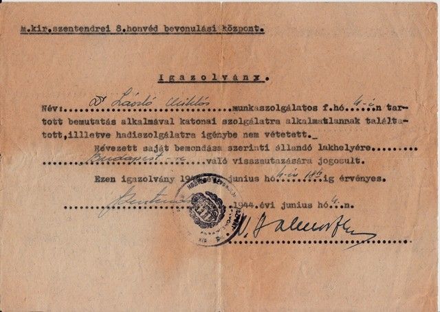 54-1121 944. dr. László Miklós munkaszolgálatos eltávozási engedélye