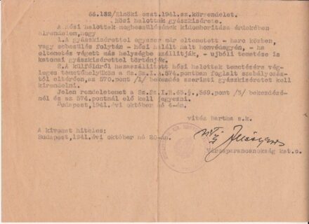 54-1269 1941 Körrendelet a Hősi halottak gyászkiséretéről.