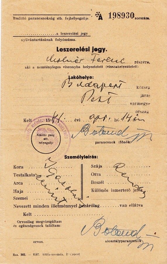 54-1270 1941 Leszerelési jegy