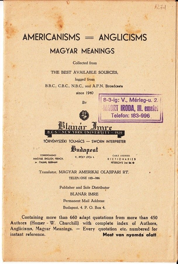 54-1271 cca 1930 Blanár Imre fővárosi kir. törvényszéki hites tolmács 1400 oldalas Angol-Magyar, Magyar-Angol sztár kiegészítése