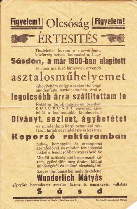 54-1274 cca 1930 Wunderlich Mátyás asztalos reklámlapja Sásd. 25x17cm