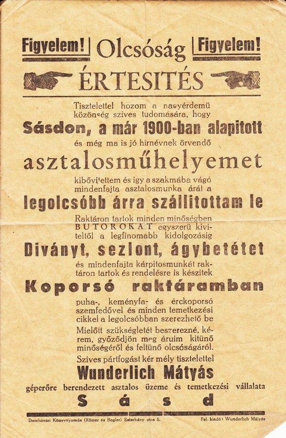 54-1274 cca 1930 Wunderlich Mátyás asztalos reklámlapja Sásd. 25x17cm