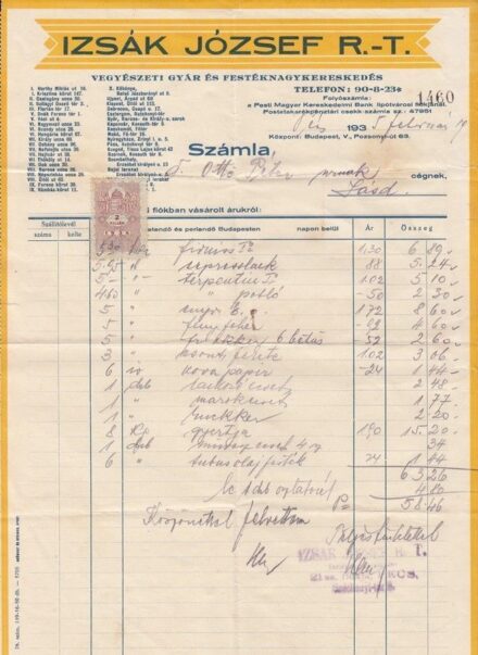 54-1275 1935 Izsák József vegyészeti és festéknagykereskedés Budapest számlája, 2 filléres bélyeggel