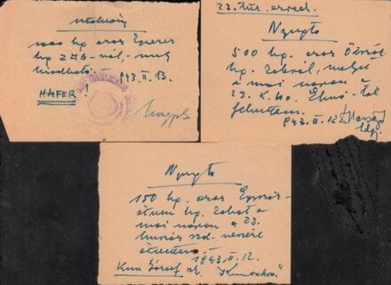 54-1287 1943 3 db Nyugta zab átvételéről a 13. tűzér ezred lovai részére