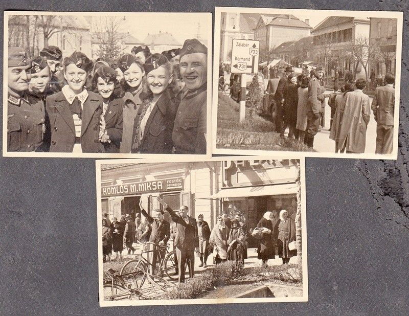 54-1279 Zalaegerszeg 1941. április 5. Német katonák helyi lakosok és diáklányok között / 3 db fénykép, hátulja felíratozva RITKA!!!!!