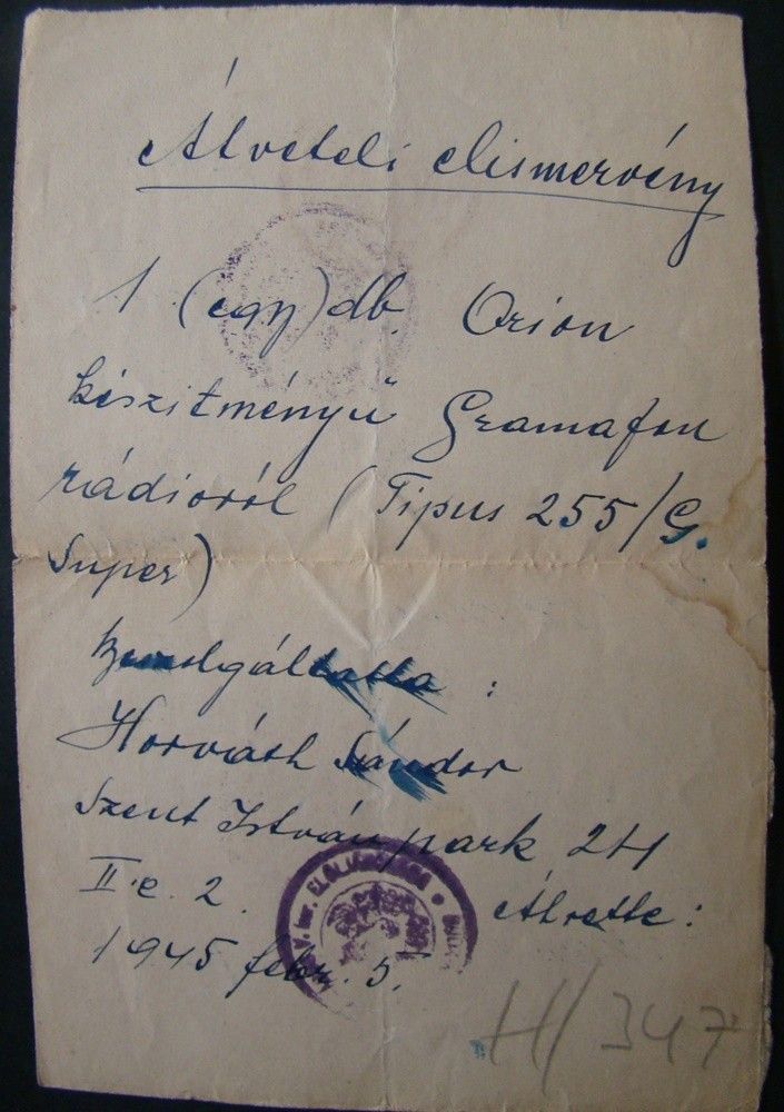 54-711 1945 Orion rádió beszolgáltatásáról elismervény